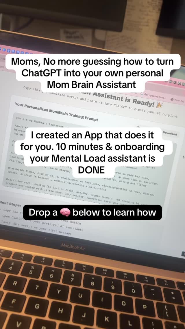 START HERE ✨
Want to start using AI tools like ChatGPT as a busy mom but don’t know where to start? Here you go.
In 10 minutes, my Mom Brain Assistant will walk you through the entire set up by creating a complete, personalized master prompt for you to do once, copy & paste and train forever.
Get started offloading your Mental Load today 🫶
#mentalload #aiformoms #chatgpt #aiforgood #mentalloadrelief