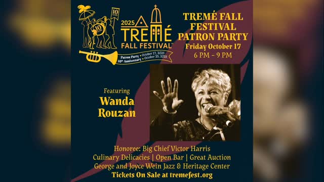 2025 Treme Fest Patron Party- Early Bird Tickets on sale until September 24th!
✨ The legendary @wandarouzan beloved as “The Sweetheart of New Orleans”brings her love for music, culture, and the spirit of the 504 to the 2025 Tremé Fest Patron Party!
🎶 Join us on Friday, Oct. 17, 2025 | 6–9 PM at the George & Joyce Wein Jazz & Heritage Center for an unforgettable evening celebrating tradition, community, and all things NOLA. ❤️⚜️
