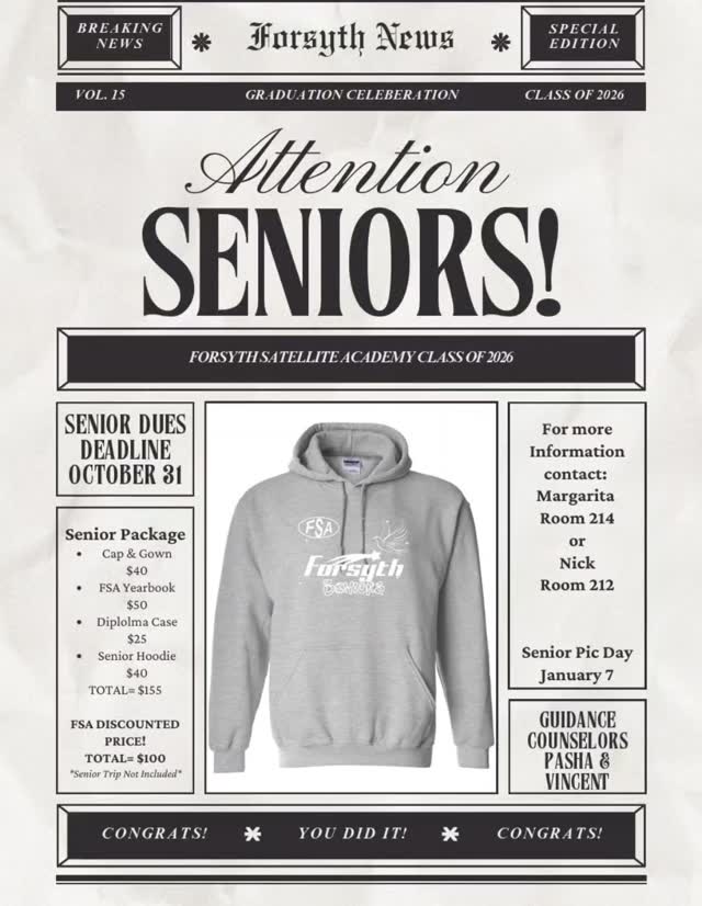 Hey, Forsyth Class of 2026! 🎓
There will be a senior meeting tomorrow, 9-12-25 during 2nd period in the library. Come get all of your Senior questions answered!
#senior #classof2026 #seniordues #forsythsatelliteacademy #highschool #nyc #nycpublicschools #experientiallearning #transferhighschool #consortiumschool #schoolisfun #graduation