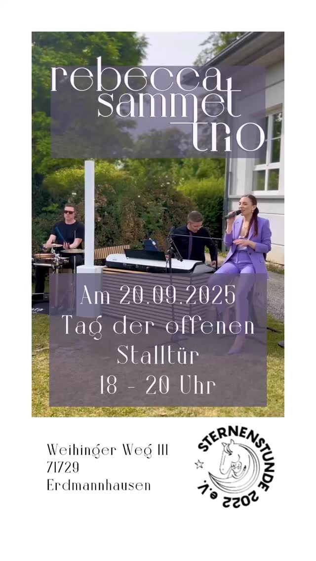 Am 20. September spielen wir mit unserem Rebecca Sammet Trio beim Tag der offenen Stalltür der Sternenstunde 2022 e.V. 🐴✨
📍 Weihingerweg 111, 71729 Erdmannhausen
🕕 18:00 – 20 Uhr
Kommt gerne vorbei, bringt Freunde und Familie mit und genießt einen schönen Abend mit Livemusik. 🎶
Wir freuen uns auf euch! 🤍
#livemusic #pferdefreunde #sternenstunde #trio