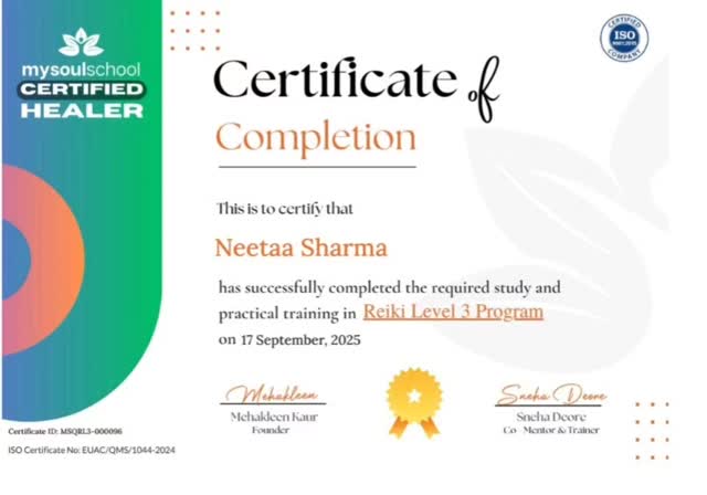 ✨ Reiki Level 3 – The Master’s Journey Begins ✨This sacred stage isn’t just about healing others, it’s about awakening your own inner power, aligning with higher consciousness, and becoming a channel of divine energy. 🌿💫
Step into mastery, step into light. 🔮
#ReikiHealing #ReikiLevel3 #SpiritualAwakening #EnergyHealing #ReikiMaster #AcharyaNeetaSharma #DivineEnergy #HealingJourney
✨ Ready to step into higher consciousness? 🌸 Book your Reiki session now.
🔮 Contact Acharya Neeta Sharma.
👉 DM to heal or experience Reiki with me.