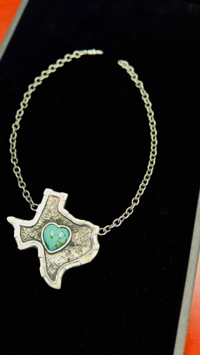 “Heart of Texas” Necklace
Sterling Silver Texas, approx. 3in wide on chunky Sterling Silver chain, approx. 17 in long.
Genuine natural Turquoise Heart is also hand carved in-house.
This piece was personal, and a treasure to carve all around- from sculpting the wax to carving the stone.
100% of the proceeds from this piece will go to the @cftexashillcountry and restoration efforts within the Texas Hill country.
Check out the link in bio for more info.
#texasstrong #peoplehelpingpeople
