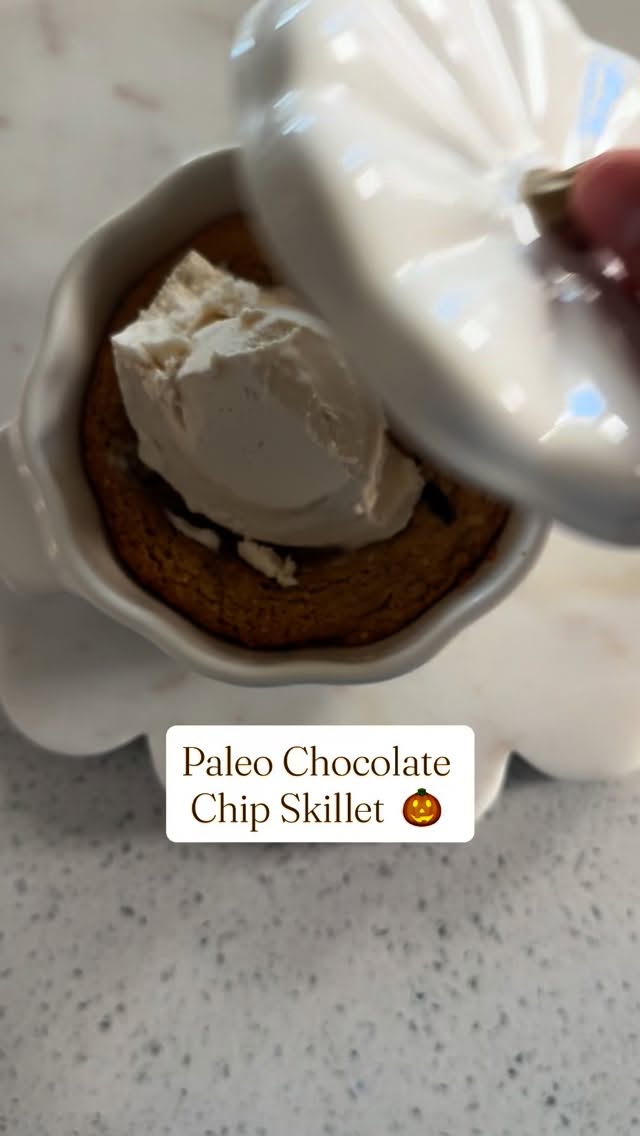 Paleo Chocolate Chip Cookie Skillet
-1 egg or 1 flax egg (1 T. ground flaxseed + 2 1/2 T. water)
-2/3 cups maple sugar (packed)
-1/2 cup avocado oil or coconut oil
-2 t. vanilla
-1/2 t. baking soda
-1/4 t. salt
-1 1/8 c. almond flour, not packed
-1 1/8 c. cashew flour, not packed
-Hu chocolate chip
-Sea salt sprinkled on top (optional)
Set the oven to 350°F. With a handheld mixer, mix together the egg, maple sugar, and oil. Add the vanilla, baking soda, salt, flours, and combine. Bake in 4 small skillets for 12 minutes or until edges are light golden brown. Enjoy warm and gooey with a big slab of ice cream on top! (I love @eatfronen )!