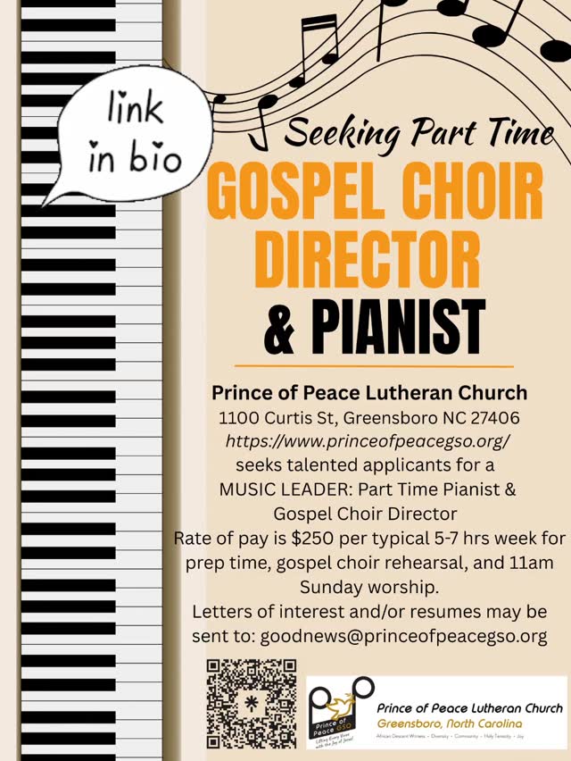 #Greensboro #NowHiring #ChurchMusicLeader
We're looking for a music leader (Gospel Choir Director and Pianist) for our unique church. All details are in the flyer and at the linktree in our bio. Those who are qualified and interested are invited to apply. Please share if you know someone who fits the description. Thank you and God bless!
#gospelmusic #gospelchoir #partimejob #liftingeveryvoicewiththejoyofjesus