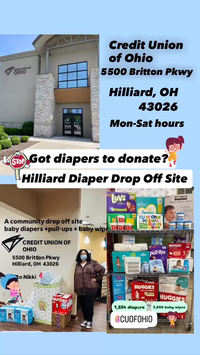 Got diapers to donate?
🛑 Drop off at our local Hilliard Credit Union of Ohio accepting donations for #cbusdiaperco
Got outgrown sizes? We take them! 👍open packs & loose diapers accepted!
#donatediapers #cuofohio #hilliardohio #supportlocalbusiness #614columbus #giveback #donate #cbusdiaperco #diaperbank #forthekids❤️