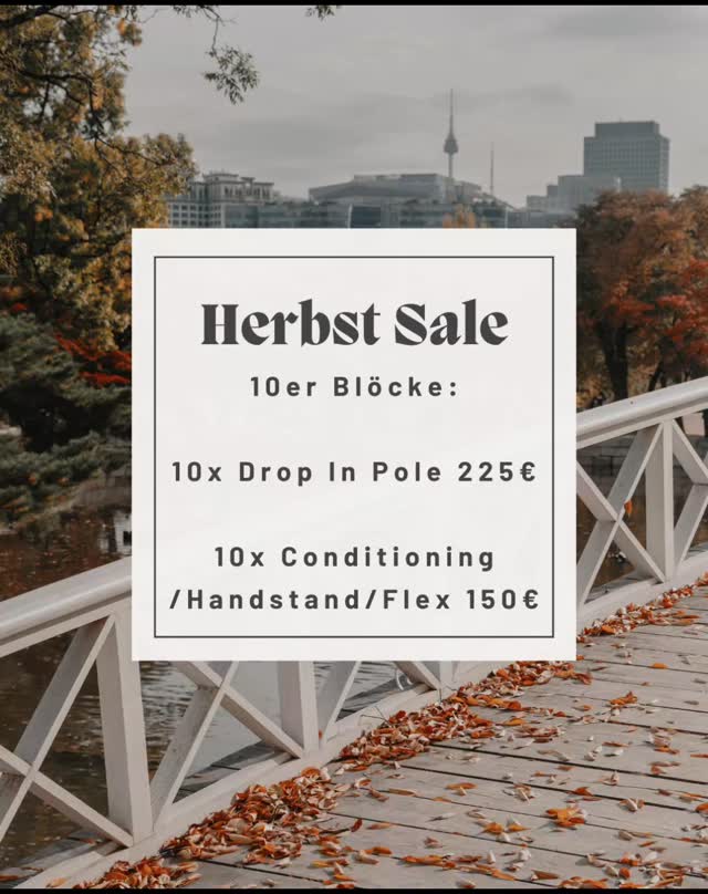 Auch diesen Herbst gibt's wieder super 10er Blöcke!
10x Drop In Pole nur 225€
10x Conditioning/Handstand/Flexibility nur 150€
#poledance #aerialamazons #10erblock #herbstaktion