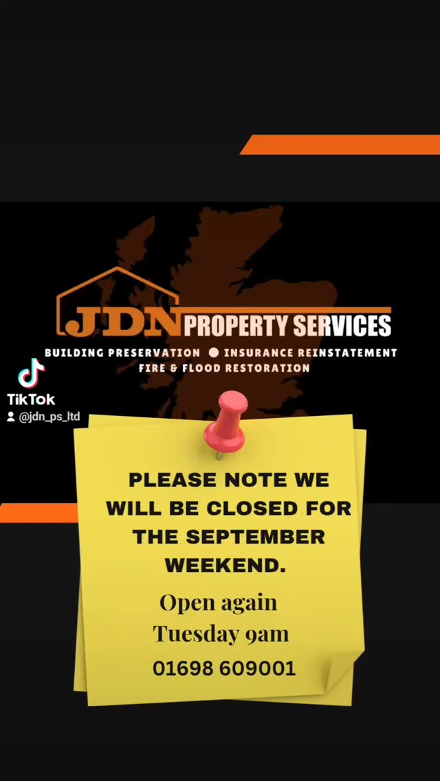 JDN is taking September Weekend off (Friday–Monday).
Back Tuesday 9am, recharged and ready to keep Scotland’s homes dry, safe & sound. 👷♂️🏴
📞 01698 609 001
✉info@jdnpropertyservices.co.uk
🌎www.jdnpropertyservices.co.uk
#SeptemberWeekend #JDNPropertyServices #TeamJDN #DampProofing #TimberPreservation
