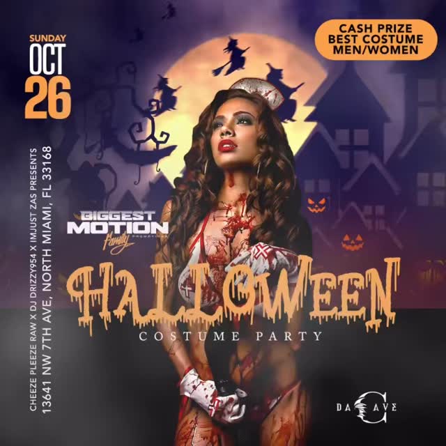 🎃👻 Biggest Motion Family Promotions Presents:
🔥 HALLOWEEN COSTUME PARTY 🔥
🗓️ Sunday, October 26
📍 Da Cave – 13641 NW 7th Ave, North Miami, FL 33168
Pull up in your best costume and turn up with us for the spookiest night of the year! 💀🎉👻