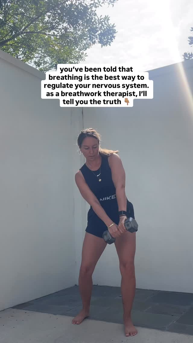 Nervous system regulation depends on proprioception (your body’s sense of itself in space), interoception (internal sensations), and muscular tone, all of which are shaped far more by movement than by breathing (which IS movement, but within a much smaller feedback window).
If you’re not getting adequate feedback from these mechanisms, you get your sense of self and safety elsewhere, like your breath, or from managing the words people use to identify you, or from your attachment style.
Your nervous system relaxes when it feels capable. If your body isn’t getting the foundational inputs it needs to feel safe within your physical capability, it’s not going to feel confident resting and relaxing with you.
To your body, not moving signals danger. As hunter gatherers, if we weren’t moving, it meant something was wrong because movement is the primary way mammals shake off + metabolise stress energy.
Out in the wilds, it didn’t matter how long your exhalation was if you weren’t physically capable of reaching for food, running from danger, clambering over rocks, carrying babies, and throwing and chopping stuff to make shelter.
Breathwork, in most cases, is a tool. Habitual breathing patterns won’t change a whole lot by practicing a technique once a day, because your breathing pattern is influenced by your psychoemotional state, the tension and holding patterns in your body, and your environment; if those things aren’t changing, your breath won’t. So, you have to return to the practice to get the benefits.
But lifting, accelerating, pushing, pulling, moving yourself from one place to another, contralateral motion like walking, and synchronised movement like dance actually rewire the brain, reshape your body from fear-influenced holding patterns, and complete stress cycles that breathwork really only down-regulates from temporarily.
Being strong and mobile tells your body: I can take up space, I know where I am, I trust myself, I can be uncomfortable, I can adjust.
And you gain confidence and agency, and can relax and expand into that.
➡️ Comment MOVE + I’ll send you a link to the mobility toolkit I use to regulate more effectively than with breathwork ;)