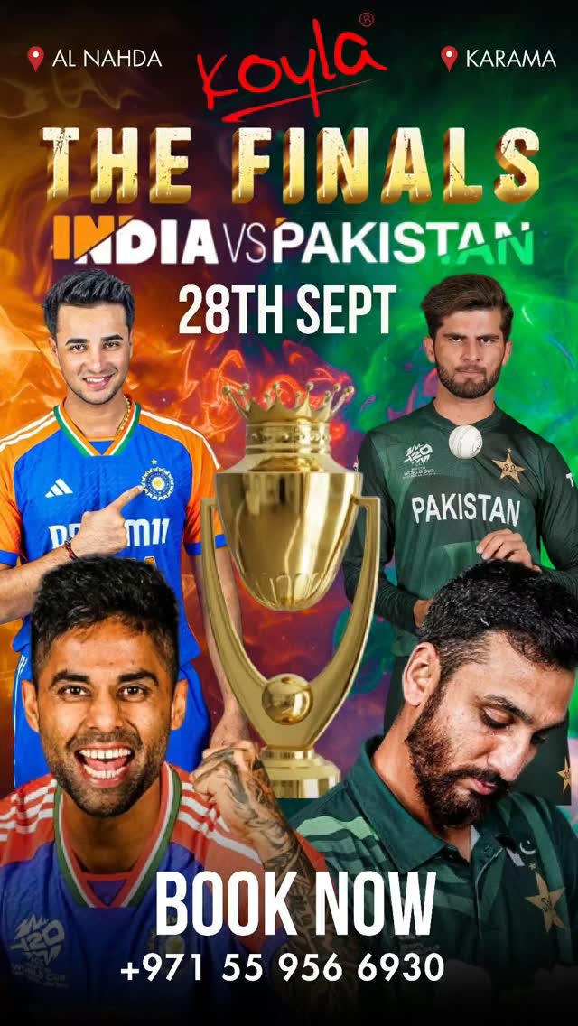 🏆 THE FINAL SHOWDOWN IS HERE 🏆
The Wait of 41 years willbe over on Sept 28th
INDIA 🇮🇳 vs PAKISTAN 🇵🇰
📅 28th September
⏰️ 6:00 PM Onwards
📍Koyla Lounge
055 9566930
✨️Live Entertainment | Food 🍴 | Drinks 🍸 | ⚡️Non - Stop Vibes
Don't miss history in the making - Witness the FINAL with electrifying crowd energy 💥
#dubailife #cricket #india #pakistan #food #dudaidiaries #enjoy #cricketers #cricketfans #koylavibes #koyladubai #vibes #history