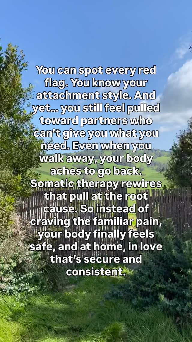 It’s so frustrating when your mind knows better, but your body still pulls you back into the same painful patterns 💔
That ache is your nervous system wired to chase what feels familiar, even if it hurts.
Somatic therapy and trauma healing help you rewire that pull at the root, so your body can finally relax into love that’s safe, secure, and nourishing.
Have you felt this cycle before? Comment below or DM me if you’d like to book a free connection call to explore your options with somatic therapy.