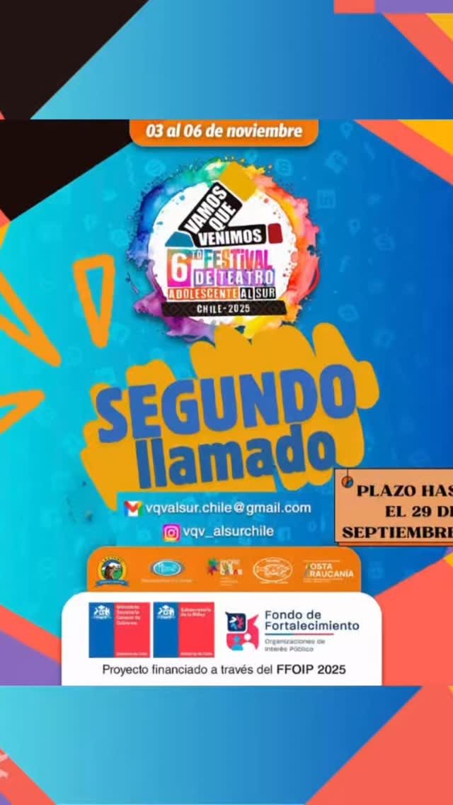 ¡Aún tienes tiempo de postular! ⏱️⏳ Hasta las 23:59 hrs de HOY 29 DE SEPTIEMBRE esperamos sus postulaciones🎭 ✨PRONTO MÁS NOVEDADES✨
¡TODA LA INFO EN NUESTRA PÁGINA WEB!
👉🏻Bases y fichas en: www.vqvalsur.com
** “Proyecto financiado a través del FFOIP 2025”
#ffoip2025