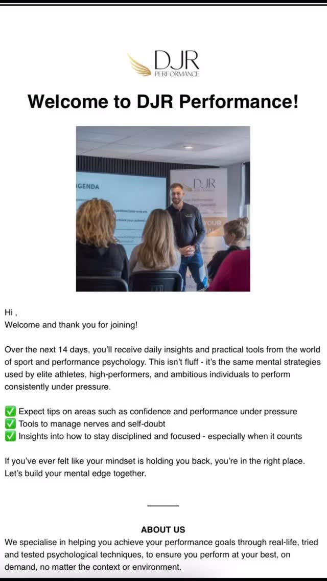 Want to level up your performance but unsure where to start?
Get 14 days worth of FREE psychologically proven tips delivered straight to your inbox.
No BS. No spam. Just actionable strategies to use right away.
➡️ Click the link in our bio or visit:
www.DJR-Performance.com/subscribe