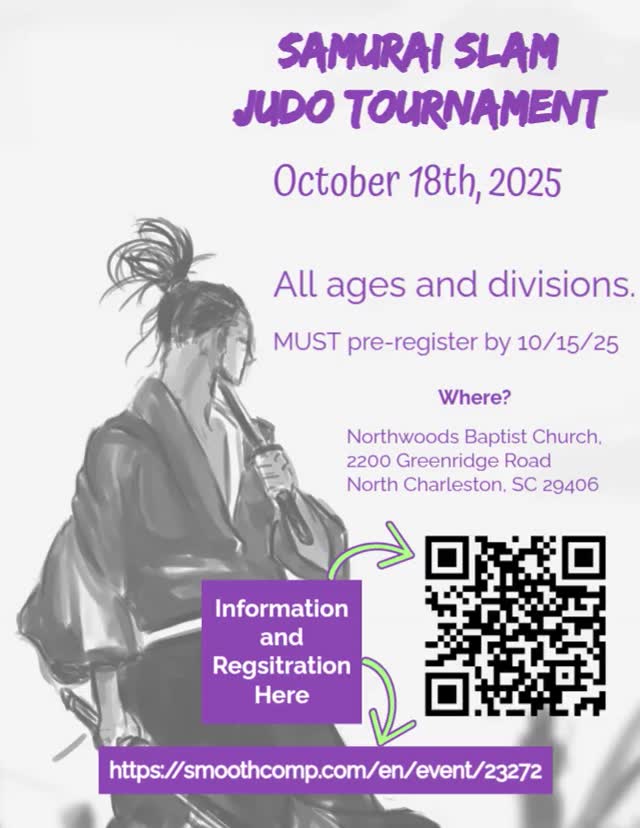 Join us at the Samurai Slam Judo Tournament on October 18th, 2025, open to all ages and divisions. Pre-registration is required by October 15th. The event will be held at Northwoods Baptist Church, 2200 Greenridge Road, North Charleston, SC. Register and find more information at smoothcomp.com/en/event/23272. Don't miss out on this exciting competition! #JudoTournament #SamuraiSlam #NorthCharleston