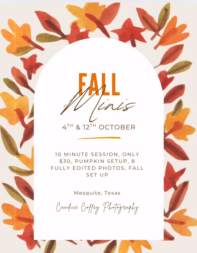 Happy Fall Y’all!!
🍂✨Fall Mini Sessions✨🍂
📸 10-minute sessions | Only $30
📅 Saturday, Oct 4th & Sunday, Oct 12th
⏰ Time slots:
6:00–6:10
6:15–6:25
6:30–6:40
6:45–7:00
📍 Location: Mesquite (exact spot shared at booking)
💛 Perfect for families, kids, or couples!
📩 Message me to grab your preferred spot—limited availability!  #forneytxphotographer #dfwphotographer #fallminisessions #fallfamilyphotos #fallvibes🍁