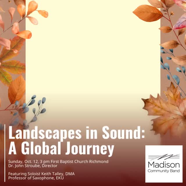 Join us for our next performance on Sunday, Oct. 12, at 3 pm, at First Baptist Church, EKU Bypass, Richmond, Kentucky. Featuring soloist Dr. Keith Talley, Professor of Saxophone, EKU, plus these exciting works:
• SCHWARTZ/BOCOOK Selections from Wicked
• SMITH Fantasia for Alto Saxophone, Dr. Keith Talley, soloist
• GRUNDMAN Hebrides Suite
• COWAN/LEIDZEN Waltzing Matilda
• RESPIGHI/DUKER Pines of the Appian Way
Dr. John Stroube, Director, Madison Community Band