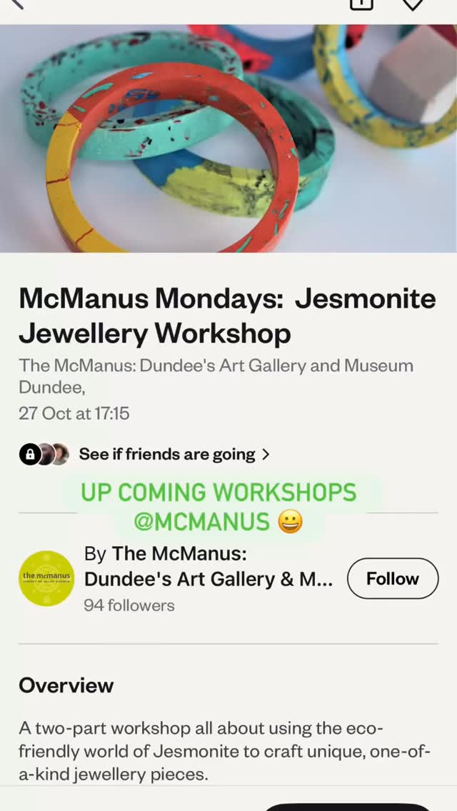 Some upcoming workshops @mcmanusdundee
Come along and learn about Jesmonite with me make some fab jewellery pieces 😀