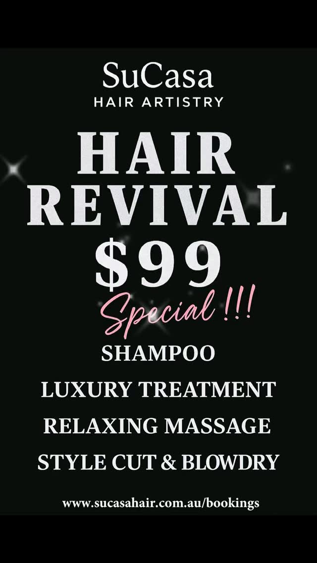 ✨ REVIVE. REFRESH. RECLAIM YOUR CROWN. ✨
For just $99, our HAIR REVIVAL SPECIAL includes everything your hair (and soul) has been craving:
💦 Shampoo cleanse to reset your strands
💎 Luxury treatment to nourish and hydrate
💆♀️ Relaxing scalp massage to melt your stress away
✂️ Precision style cut + luxe blow-dry finish
🖤 Normally valued over $160 – now only $99
📍Limited appointments at SuCasa Hair Artistry 224 Brunker Rd, Adamstown
🎀 Tag your bestie and book now – this offer won’t last long!
📞 Call 02 4044 3141 or www.SuCasa hair.com.au/bookings to secure your revival ✨
🖤 Welcome on a journey of self-love and beautiful, healthy hair.
#sucasahairartistry #hairsalonnewcastle #hairrevival #selfloveseason #selflovejourney