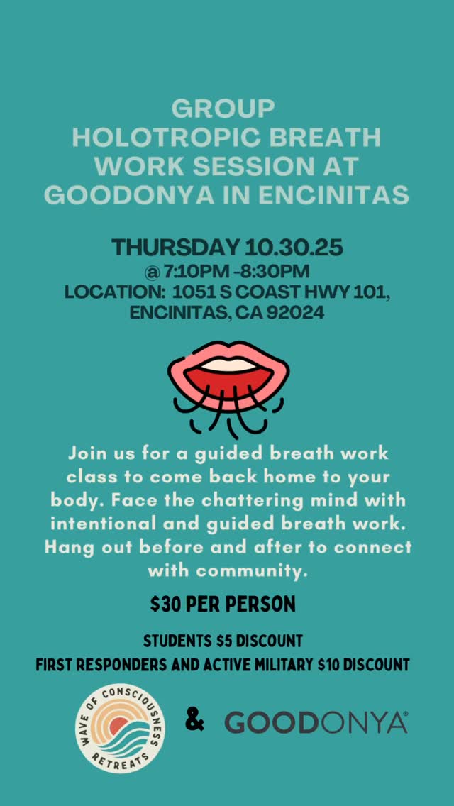 Community Holotropic Breath Work offering Thursday October 30th @goodonyaorganic.restaurant in Encinitas!
Joanna is excited to create a safe & welcoming space for all!
Ages 18+
Come connect with community, meet new people, and dive into your breath & body. ā„ļø
Itās breath-work because you will be putting the work in to heal your body, mind š§ & spirit!
Our last class filled up- secure your spot today via eventbrite or Venmo Jo-WOC š®āšØš«!
Promo code boo2025 on eventbrite to get $5 off when you sign up by Tuesday 10/28 @5:30pm
āļø Students $5 discount
āļø First responders & active military $10 discount
š» Bring a mat, blanket, pillow (if you need for under your legs) & your water bottle.
*this breathwork is contraindicated if you have cardiovascular issues, seizures, are pregnant, severe psychiatric conditions, or a recent surgery. Please ask your medical provider if you have any health conditions or concerns about taking this class.
#breathwork #encinitas #communityhealing