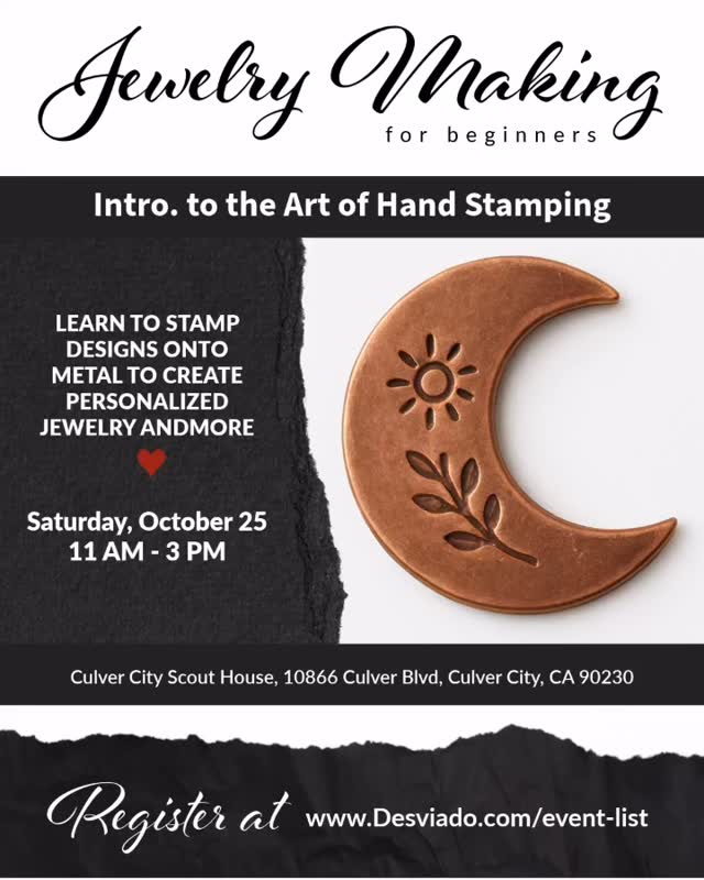 ✨ Hammer, Stamp, Create! ✨
Join me for a hands-on Intro to Metalsmithing: Hand Stamping Metal for Jewelry Making 🔨💍. In this beginner-friendly workshop, you’ll learn core techniques to bring your ideas to life in metal. By the end, you’ll head home with exciting, one-of-a-kind personalized pieces made by you.
Spaces are limited—secure your spot today and let’s make something beautiful together.
The workshops I have been leading lately are made possible by the Culver City Rock and Mineral Club (@culvercityrockclub).
.
.
.
#Metalsmithing #JewelryMakingWorkshop #CulverCity #HandStampedJewelry #CreateWithYourHands #LosAngeles #WestsideClasses #jewelrymaking#beginningjewelrymaking