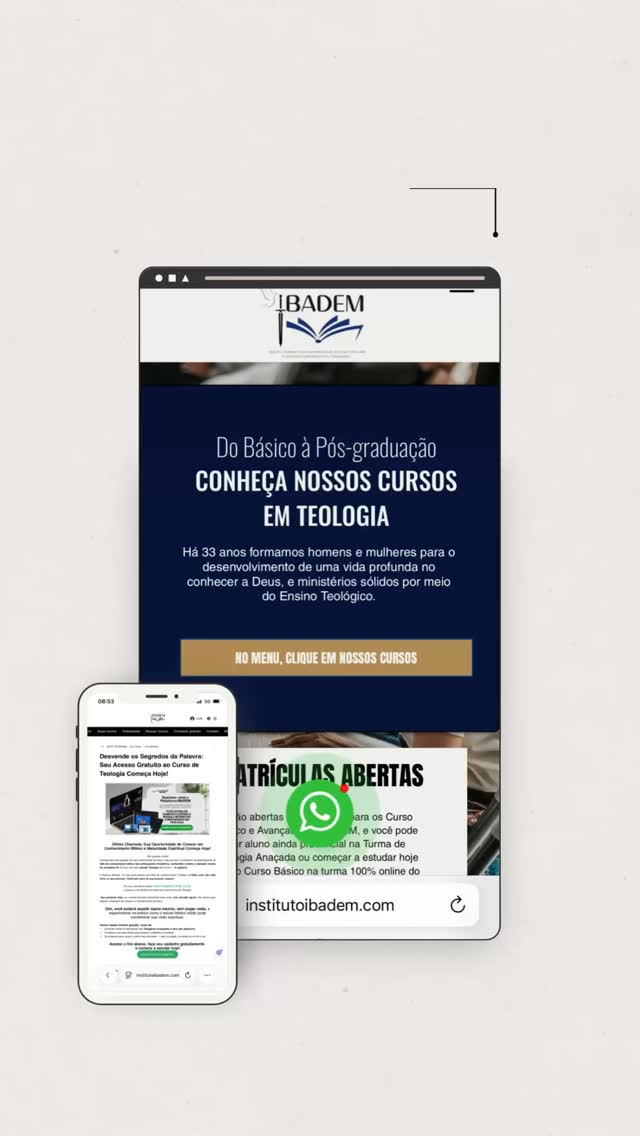 TEMOS UM PRESENTE ESPECIAL P/ VOCÊ 🫵🏼
Sabemos que a falta de conhecimento bíblico tem enfraquecido ministérios, confundido crentes e afastado muitos da verdadeira fé. E é por isso que estudar Teologia não é luxo — é urgência.
A Palavra declara: “O meu povo perece por falta de conhecimento” (Oséias 4:6).
Mas você não está entre os que perecem. Você está entre os que buscam crescer!
🎁 Por isso, decidimos liberar GRATUITAMENTE POR 7 DIAS o acesso a um módulo completo do nosso Curso de Teologia.
Esta é a sua oportunidade de mergulhar no estudo das Escrituras, compreender suas verdades mais profundas e fortalecer sua fé com base sólida na Palavra.
Sim, você poderá assistir agora mesmo, sem pagar nada, e experimentar na prática como o estudo bíblico sólido pode transformar sua visão espiritual.
Dentro desse módulo gratuito, você vai:
✅ Entender temas fundamentais das Disciplinas Evangelho e Atos dos Apóstolos.
✅ Fortalecer sua base bíblica para ensinar e defender a verdade
✅ Se preparar para cumprir melhor seu chamado — seja no púlpito, na célula ou no dia a dia.
💻Acesse o link em nosso site www.institutoibadem.com ou em nossos stories 🔥