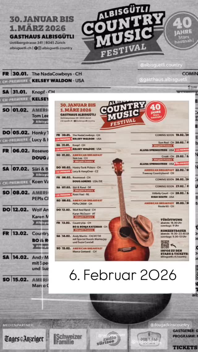 📌 Jetzt im Kalender vormerken und Tix besorgen: 6. Februar 2026
Wir freuen uns riesig, zusammen mit @dougadkinscountry die Bühne zu rocken am 40. Jubiläum vom @albisguetli.country
@mixmaxmusic @radiodriftfm @gasthaus.albisguetli @radiozuerisee
#lifeisgoodwithrosewood #swissmusic #musicfromswitzerland #americana #countrymusic #10yearsontheroad