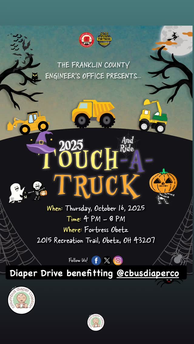 👻Join us TOUCH A TRUCK
Thurs Oct 16 4-8pm 🎃
📍 @fortressobetz
Free event 🏗️ 🚒🚌🚍
Trick o Treat 🍬🎃👧🏻👧🏾🧒🏽🧒
Lots of trucks 🚑 kids can ride 🚚 🚁
DIAPER DRIVE 🍼🧷📦
Bring DIAPERS +WIPES to donate
Needs: sizes 2-7 + pull-ups + baby wipes
👊🫶Sponsors @franklincoeng 🚍@fortressobetz