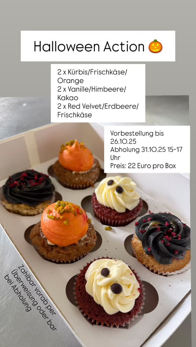 🎃 Süßes oder Saures? Die Halloween-Cupcake-Box ist da! 🕷️
Der Oktober ist da – und mit ihm die schaurig-leckere Versuchung des Jahres!
Ich lade euch herzlich ein, meine exklusive Halloween-Cupcake-Box zu entdecken – perfekt für alle Naschkatzen, Halloween-Fans und Schleckermäuler, die es unheimlich süß mögen! 👻
🕸️ Vorbestellung bis zum 26.10.25 per DM!
In dieser zauberhaften (und ein bisschen unheimlichen) Box findet ihr 6 magisch leckere Cupcakes in folgenden Geschmacksrichtungen:
🧁 Kürbis–Frischkäse–Orange – herbstlich, cremig und einfach zum Dahinschmelzen!
🧁 Vanille–Himbeere–Kakao – ein süßer Zaubertrank für alle, die Frucht und Schokolade lieben!
🧁 Red Velvet–Erdbeere–Frischkäse – verführerisch rot und sündhaft gut!
💰 Preis: 22 €
Bezahlung ganz einfach per Überweisung oder bar bei Abholung.
📦 Abholung:
am 31.10.25 (Halloween!) zwischen 15:00 und 17:00 Uhr
Kommt vorbei und holt euch eure Box voller süßer Magie! ✨
🧡 Sichert euch jetzt eure Halloween-Box und lasst uns gemeinsam den Tag der Süßigkeiten feiern!
Ich freue mich auf eure Bestellungen – wenn ihr euch traut… 😈