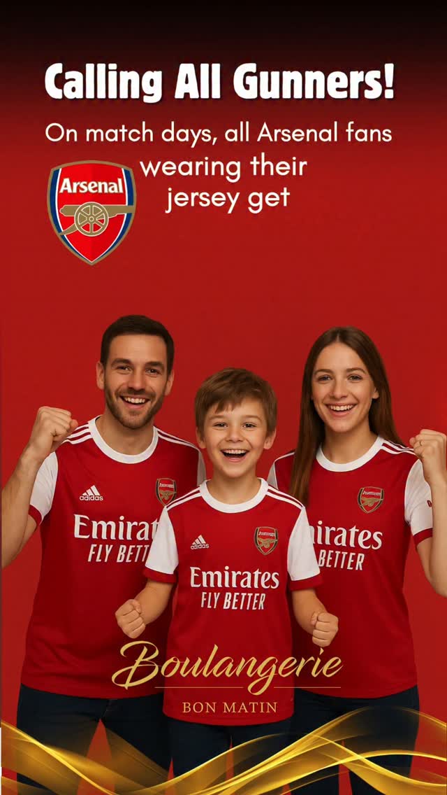 🎉 Match Day Special!
⚽️Calling all Arsenal fans!
If you’re visiting @boulangeriebonmatin ,tommorw in your Arsenal jersey, enjoy a 10% discount on all your orders.
Celebrate the big game, support your team, and treat yourself to our delicious menu.📸 Snap your visit and tag us using #GoGunnersBonMatin to spread the Arsenal spirit in style!
Hurry in, bring your passion, and let’s make match day unforgettable at Bon Matin! 🔴⚪️
Offers valid only at - Tollington Park & City North @Finsbury Park
@finsbury_park_london
#GoGunnersBonMatin
#ArsenalFans
#BoulangerieBonMatin
#MatchDayVibes
#ArsenalJersey
#FootballFoodie
#GunnersTogether
#LondonEats
#FoodAndFootball
#SupportLocal
#10PercentOff
#FootballFans
#ArsenalLove
#BonMatinSpecial
#matchdayBrunch
#halalfood
#topLondonboulangerie
#FreshBakes2025
#Madewithlove
#Bestbrunch2025London