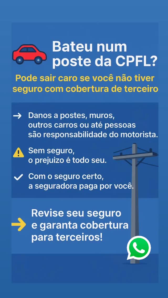 ⚖️ 1. Responsabilidade
De acordo com o Código Civil (art. 927), quem causa dano a terceiros (inclusive a bens públicos ou de concessionárias) tem obrigação de indenizar.
👉 Ou seja, se você bateu no poste por erro de direção, distração, velocidade, etc., a CPFL pode cobrar o custo de substituição do poste, mão de obra e eventuais perdas (como interrupção de energia).
🚓 2. Caso a culpa não seja sua
Você não precisa pagar se:
O acidente foi causado por outro veículo (nesse caso, a seguradora ou o outro motorista deve indenizar);
Houve um problema na via pública, como buraco, falta de sinalização, óleo na pista, etc., e você conseguir provar (boletim de ocorrência, fotos, testemunhas);
O poste estava mal posicionado ou irregularmente instalado.
💸 3. O que a CPFL faz
Normalmente, a CPFL:
Emite um auto de vistoria e um orçamento dos danos;
Envia um boleto ou cobrança formal;
Se você tiver seguro auto, envie essa cobrança à sua seguradora — a maioria das apólices cobre esse tipo de dano a terceiros (RCF-V).
🧾 4. Dicas práticas
Faça boletim de ocorrência (fundamental para qualquer defesa);
Tire fotos do local e do poste;
Peça cópia da vistoria da CPFL e o detalhamento dos custos;
Se achar abusivo, pode contestar o valor via Procon ou Justiça.
Se quiser, posso te ajudar a montar uma resposta formal para a CPFL (para contestar ou solicitar detalhamento da cobrança)