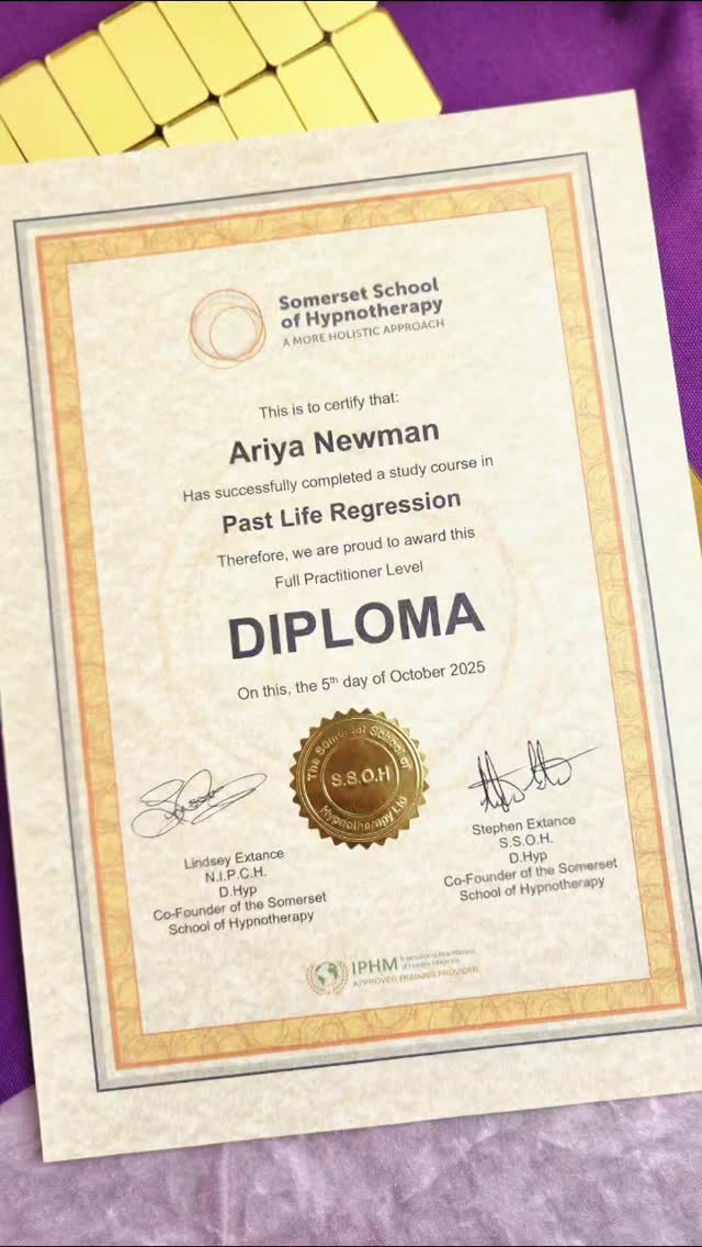 ✨ Another big step on my spiritual healer journey ✨ Diploma in Past Life Regression 🌿
.
Heartfelt thanks to the Somerset School Of Hypnotherapy, Steve, Lindsey, all my wonderful companions, and my most wonderful lady, Cheyenne, for the wisdom, guidance, and truly beautiful experience. 💗
.
✨ The greatest blessing is witnessing how gracefully Rahanni Energy flows together with Past Life Regression 🌸
.
#PastLifeRegression #RahanniCelestialHealing #SpiritualHealer
#HealingJourney #AriyaMysticHealing