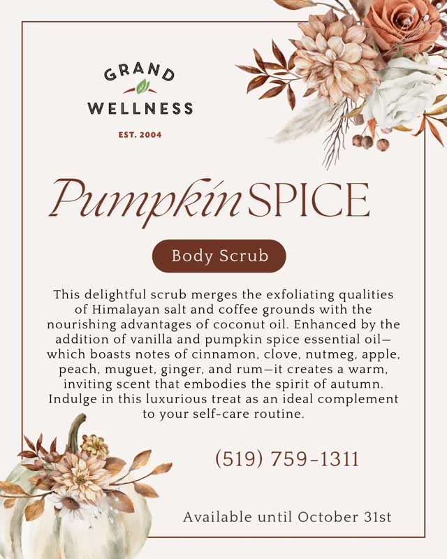 LIMITED TIME! 🎃 🍂☕️
Pumpkin Spice Body Scrub $174
#available until October 31st
#grandwellness #brantfordontario #dayspa #selfcare #relaxation #pumpkinspicebodyscrub #pumpkinspiceandeverythingnice #registeredmassagetherapist #aestheticians