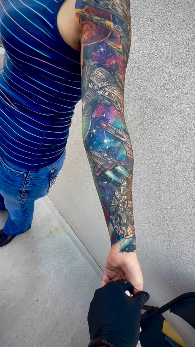 š Full Space Sleeve Complete! š
This sleeve was a blast to create ā a full journey through the stars featuring some of the most iconic ships in sci-fi history. From the Millennium Falcon to Serenity and a few other legendary crafts, each one represents a different corner of the galaxy thatās inspired generations of dreamers and explorers.
The colorful cosmic background ties it all together ā nebula clouds, distant stars, and the feeling of endless adventure. Huge thanks to my client for sitting like a champ and letting me bring this galaxy to life on their arm! š
#SpaceTattoo #SciFiTattoo #TattooSleeve #GalaxyTattoo #ColorTattoo #MillenniumFalcon #Serenity #StarshipTattoo #TattooArtist #TattooArt #CosmicInk #tattoolife #truegrittattoosnewmexico #tattooideas #albquerquetattooartist #albuquerquetattooartist #albquerque #starwars #startrek #buckrogers #glacticempire #firefly