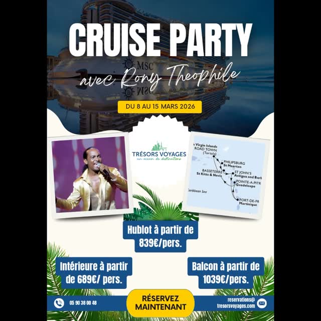🌴⚓ Prêt(e) à larguer les amarres avec RONY THÉOPHILE ?
🎶 Entre rires, biguine, soleil couchant et détente... t’es sûr(e) de vouloir rester à quai ? 😏 Du 8 au 15 mars 2026, sur le MSC Virtuos
💃🕺 Embarque pour la croisière la plus rythmée des Caraïbes !
Ambiance, musique, fous rires et souvenirs garantis 🌅
Ne laisse pas les autres te raconter ça depuis le pont ! 😎
📲 Réserve ta cabine maintenant 👉 clique sur le lien dans la bio !