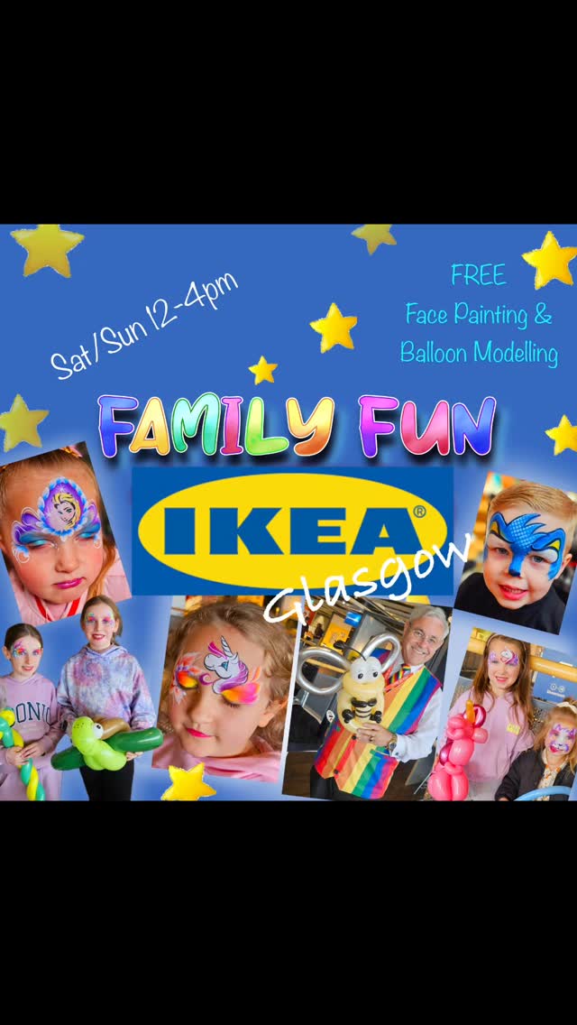 Its IKEA Glasgow Family weekend! 🥳
You'll find Free face painting. The amazing POP the Balloon man Tim and crafts going on 12-4pm. Sat 11th /12th October.