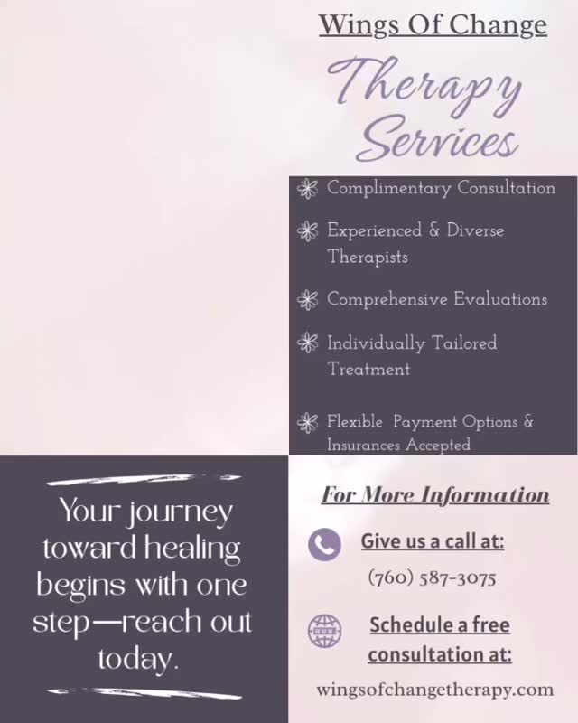 🌿 Find Support. Find Yourself. 🌿
💜 Life brings challenges that can feel heavy—but you don’t have to carry them alone.
🦋 At Wings of Change Therapy, we provide compassionate, evidence-based care for individuals, couples, and families. Whether you’re managing stress, navigating relationships, or seeking personal growth, our team is here to help you reconnect with your strength and move forward with clarity and confidence.
✨ Take the Next Step Toward Healing
At Wings of Change Therapy, we’re here to walk beside you through life’s transitions with compassion, understanding, and care. Whether you’re seeking support for yourself, your relationship, or your family, our team is ready to help you begin the journey toward lasting growth and emotional well-being.
💬 Telehealth & In-person sessions available
📍 Inclusive. Confidential. Supportive.
📞 Call us today at:
(760) 587-3075
🌐 Visit us at: www.wingsofchangetherapy.com
Your path to change begins with a single step—let’s take it together.
#wingsofchange #marketingmondays
#fyp