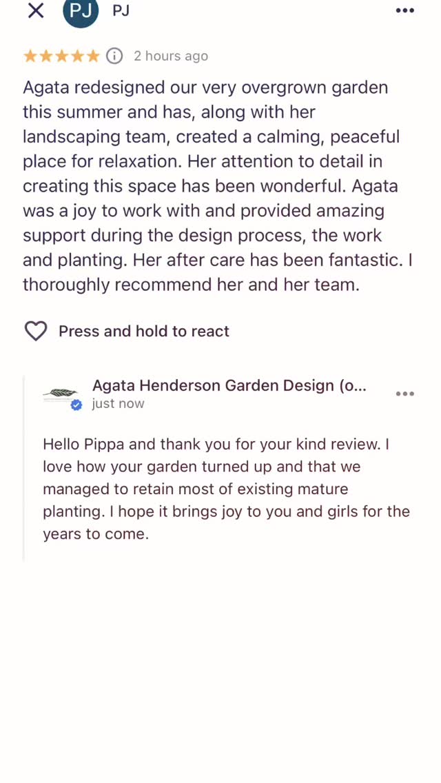 Wonderful feedback from my happy customer!
www.agatahendersongardendesign.co.uk