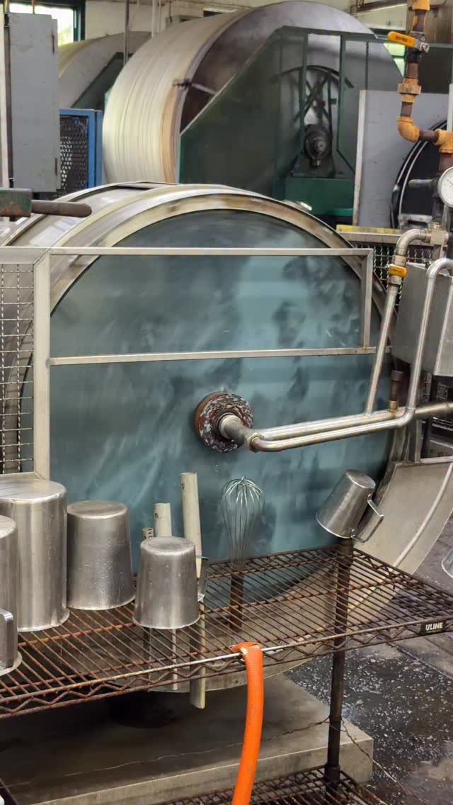 Thursday in the coloring department, and the drums are spinning. Here’s a look at the sample drums. This is where we’ll run trials and cook up some new developments. #madeinusa #leathercraft #leather