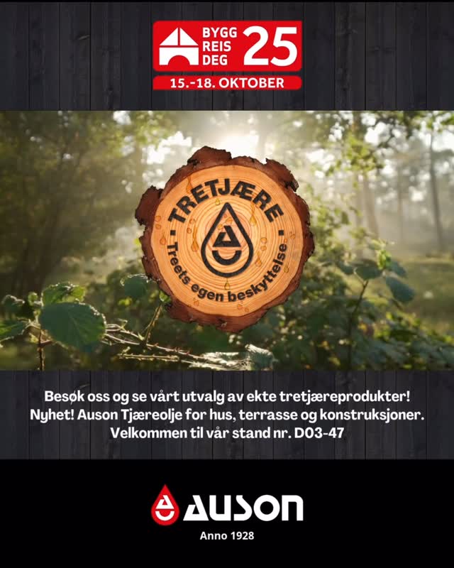 Besøk oss på Bygg Reis Deg 2025 15.-18. oktober. Se vårt store utvalg av ekte tretjære produkter fra Auson! Tretjære er et naturlig valg for fasader, terrasser og andre treflater utendørs. Når du bruker tretjære tilbakefører du treets beskyttende stoffer. En vakker og velduftende måte å la treverket leve, puste og bli bevart på.
@ausontjarfarg #byggreisdeg2025 #auson #osmonorge #tretjære #tjarfargfranauson