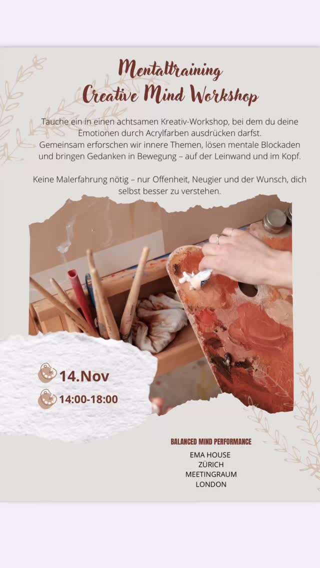 Manchmal sagen Farben mehr als Worte. 🎨
In meinem Creative Mind Workshop darfst du deinen Emotionen freien Lauf lassen – mit Acrylfarben, Achtsamkeit und mentaler Klarheit.
Lass los, was dich festhält, und entdecke, was in dir steckt. 💭
Ich glaube daran, dass Kreativität heilen kann.✨
Noch 2 freie Plätze✅
Gruppengröße 10 Personen
#mentaltraining #achtsamkeit #emotionen #kreativworkshop #münchen #selfgrowth