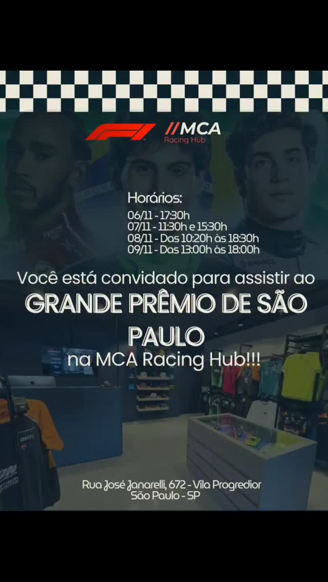 🏁 Ainda não sabe onde assistir ao Grande Prêmio de São Paulo? O time MCA convida você para acompanhar a corrida com a gente na loja! Venha curtir um ambiente descontraído, cheio de emoção e boas companhias.
#GPdeSãoPaulo #F1naMCA #DiaDeCorrida #VemPraLoja #gabrielbortoleto #bortoletto #mcaracinghub #mcaracinghub