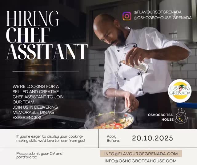 🚨 Hiring Alert! 🚨
We’re expanding our kitchen team and looking for:
- Chef Assistant
-Cafe Attendant
Why join us?
- Collaborative kitchen culture
- Competitive pay
📍 Location: Grand bras
🗓️ Apply now: info@oshogboteahouse.com
#Hiring #ChefJobs #SousChef #HospitalityCareers #NowHiring