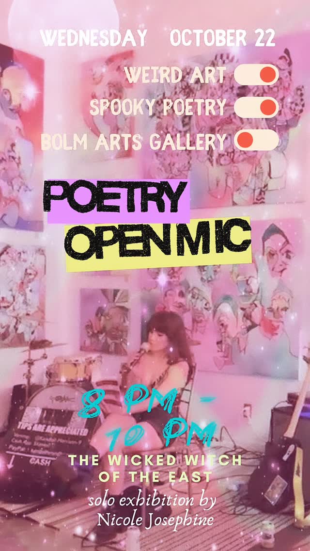 Join us on October 22nd for another night of poetry with our host @nicolejosephinestudio surrounded by her solo show “Wicked Witch of the East”
8pm-10pm
5305 Bolm Road, bay 9
#austinart #austinartgallery #austinpoetry #austintexas #austinpoets #openmicpoetry #austinopenmic #poetryinaustin