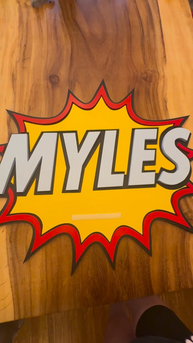 Birthday party decor meets room decor with a little Velcro magic!!! We love a dual purpose sign!
Two the rescue was attached with Velcro for the party and removed so the sign can grow with him in his room!