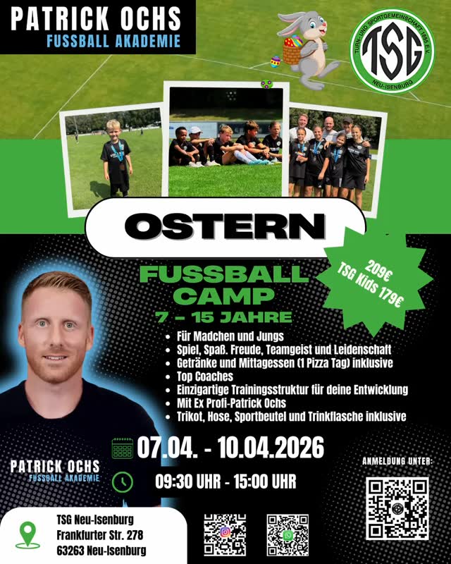 Kaum ist das Herbstcamp vorbei, starten wir schon mit den Vorbereitungen für das nächste Highlight:
unser Ostercamp 2026 – dieses Mal ganze 4 Tage voller Fußball, Spaß und Teamgeist! ⚽️
Die Plätze sind begrenzt – also am besten jetzt schon anmelden und dabei sein!
Ostercamp 2026 – TSG Neu-Isenburg x Patrick Ochs Fussball Akademie
🏟️ Ort: TSG Neu-Isenburg
📅 Termin: 07.04. - 10.04.26
⏰ Zeit: 09:30h - 15:00h
💪 Für Kinder im Alter von 7 - 15 Jahre
Anmeldung & Infos: https://www.patrickochs-fussballakademie.de/fussball-camps
