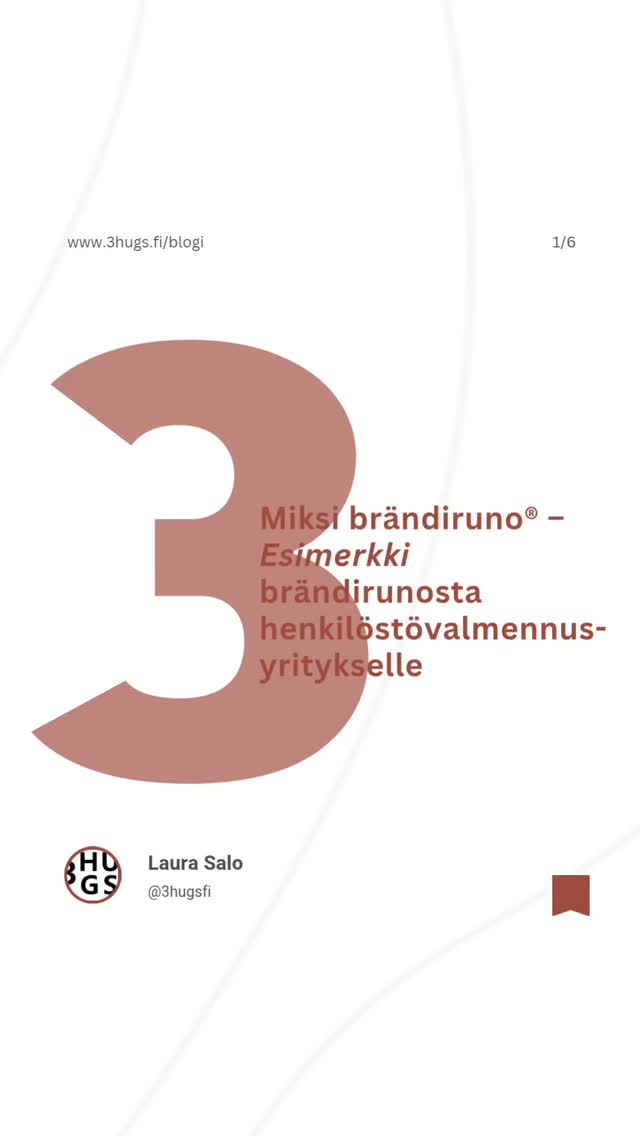 ~ 𝟯𝗛𝗨𝗚𝗦 𝗫 𝗕𝗟𝗢𝗚𝗜 ~
Miksi brändiruno®? Mitä lisäarvoa se tuo brändille?
Annan seuraavaksi esimerkin henkilöstövalmennusta tarjoavalle yritykselle kirjoitetusta brändirunosta. Avaan ensin taustoittamalla yrityksen arvot, joita ovat:
1 // Hyvinvoiva henkilöstö
💰 Hyvinvoiva henkilöstö on tuottavuuden perusta.
2 \\ Kestävä kasvu
📈 Kasvu on prosessi, jota ruokitaan arjen onnistumisilla.
3 // Onnistumisen kulttuuri
💪🏼 Tekemisemme luo ympäristön, jossa ihmiset haluavat ja uskaltavat onnistua, myös työn ulkopuolella.
4 \\ Pitkäjänteisyys
⏳️ Hyvä olo ja kasvu eivät ole hetkellisiä vaan ne syntyvät pysyvistä tavoista ja arvostuksesta ihmistä kohtaan.
.
.
🪄 Arvot taipuvat brändirunoksi esimerkiksi näin:
" Mitä on tehokkuus?
Kenties työtapa uus?
Mikä sen saa aikaan?
Vastaan onnellisuus.
Mutta mistä onni syntyy?
Pienistä puroista,
Arjen suloista,
Onnistumisen muroista.
Ruoki onnistumista,
Kasvatat hyvää,
Motivoitunut henkilöstö
Synnyttää kasvua pysyvää.
© 3hugs Oy, Laura Salo 2025
.
.
Tekemäni kyselyn pohjalta tällä brändirunolla on onnistuttu saavuttamaan myös kiinnostusta työnantajaa kohtaan eli rakennettu houkuttelevaa työnantajabrändiä. Brändiruno® kertoi tarinan myös siitä näkökulmasta "millaista on työskennellä meillä?" Mutta myös: "miltä valmennusohjelmamme, metodimme ja tapamme kohdata ihmisiä näyttäytyy asiakkaan näkökulmasta?" Sen, mikä on meille tärkeää.
.
.
💭 Mitä ajatuksia tämä brändiruno® herätti sinussa?
.
.
Lue koko julkaisu 3HUGS.FI blogissa:
𝘄𝘄𝘄.𝟯𝗵𝘂𝗴𝘀.𝗳𝗶/𝗯𝗹𝗼𝗴𝗶
.
.
3HUGS.FI ~ ME LUOMME 𝑇𝐴𝑅𝐼𝑁𝑂𝐼𝑇𝐴, jotka puhuttavat ℎ𝑢𝑜𝑚𝑒𝑛𝑛𝑎.
.
.
#3hugs #3hugsfi ##3hugsmarketing #3hugsbranding #brändi #brändiruno #tunnemarkkinointi #tarinanytimessä #tarina #yritystarina #mainonta #konsepti #konseptointi #brändiviestintä