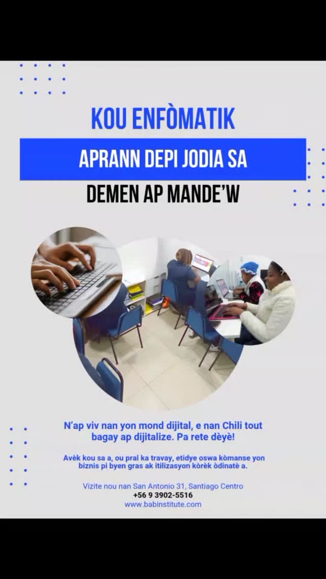 Zafè bay moun fè trámite a Pou a sa fini. Rezève plas paw lan kounyèa nan BAB INSTITUTE pou'w kòmanse aprann computer'w. +56939025516
#babinstitute #enfòmatikbiwotik
#enfòmatik #viraltiktokhaitian #viralreels #haitianosenchile