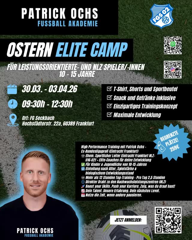 🚀 Unser ELITE CAMP geht wieder an den Start!
Die letzten Camps? 🔥 Voller Erfolg – mit durchweg begeistertem Feedback!
Wer uns kennt, weiß:
Hier geht’s nicht um Masse, sondern um Klasse.
💪 Intensiv. Individuell. Leistungsorientiert.
Kein normales Training – sondern das nächste Level.
📍 Ort: FG Seckbach | Frankfurt
📅 Datum: 30.03.26 –03.04.2026
⏰ Uhrzeit: 09:30 – 12:30 Uhr
👥 Für Jahrgänge: 2010–2015
🔗 Jetzt anmelden: https://www.patrickochs-fussballakademie.de/fussball-camps
➡️ Plätze sind streng limitiert – first come, first serve!