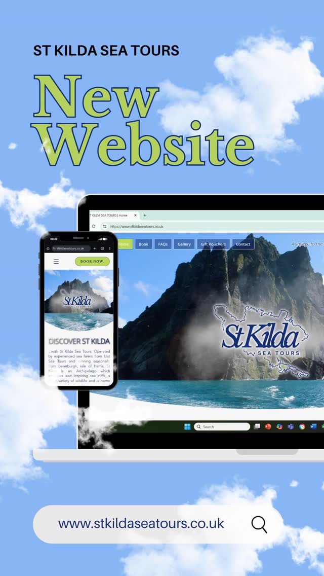🌊 Website for St Kilda Sea Tours is live!! The lads from Uist Sea Tours have now got a second boat dedicated to St Kilda trips, departing from Leverburgh.
The website gives visitors everything they need to plan their trip; tour details, photo galleries from past expeditions, and a real sense of what makes a journey to St Kilda so unforgettable. 🐬
Take a look at the finished design here 👇
🔗 www.stkildaseatours.co.uk