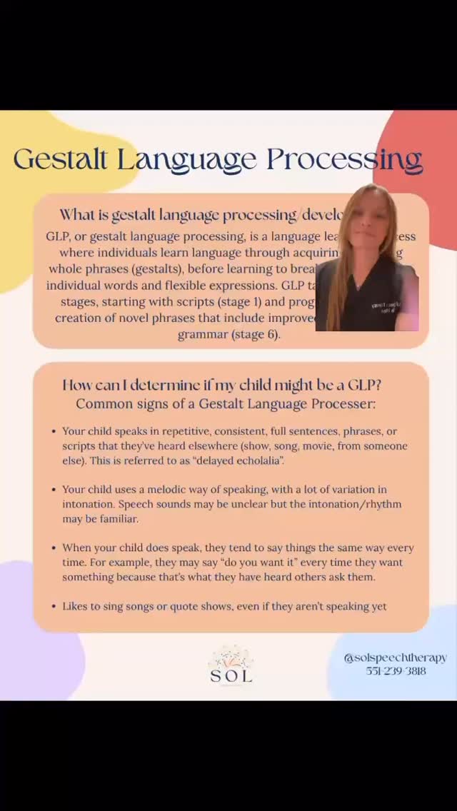 Gestalt Language Processing - with Maya ☀️
—
If you liked this style of content— having an SLP personally explaining something to you— comment below and we’ll dive into detail in separate parts! At SOL Speech Therapy we want to make connection, communication & learning easy to understand, not only for our patients but for families as well ✨
-
-
-
-
-
-
#GLP #gestaltlanguageprocessing #speech #speechtherapy #ridgefieldpark #ridgefieldparkspeech #aac #aacmonth #earlyintervention #childdevelopment